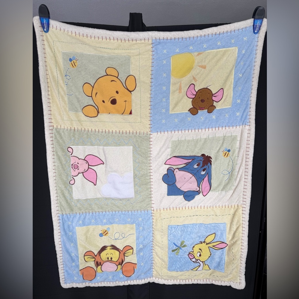 Disney Winnie the Pooh Patchwork Plush Throw - Yellow, Blue, Pink, Cream